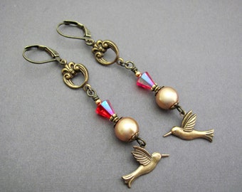 Swallow Bird Earrings Crystal Pearls Antiqued Brass Holiday Gift Wedding Classic Pearl Renaissance Baroque Tudor Earrings