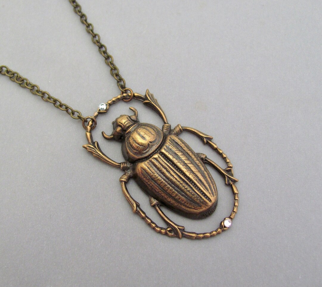 Art Deco Necklace Egyptian Revival Scarab Pendant Oxidized Brass Chain ...