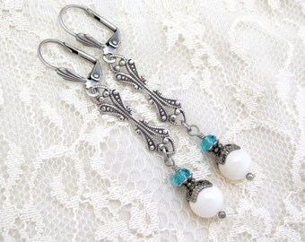 Victorian Earrings Cream Blue Crystal Medieval Cosplay Renaissance Faire Revival Birthday Anniversary Gift Antiqued Silver Earrings
