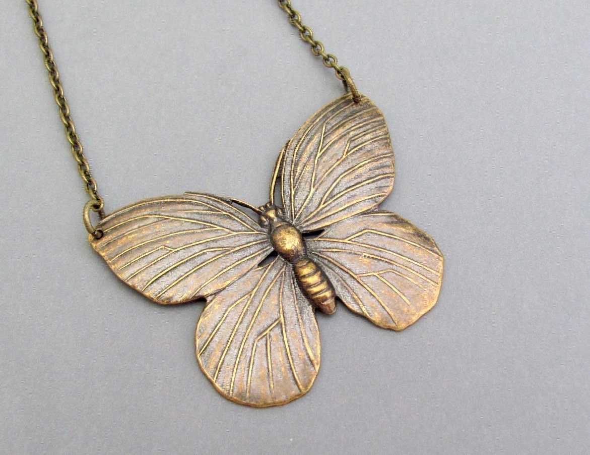 Art Nouveau Butterfly Necklace Egyptian Revival Pendant Oxidized Brass Chain Birthday Moth Pendant Vintage Art Deco Christmas Gift