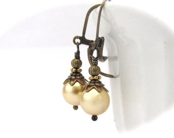 Gold Pearl Earrings Swarovski Crystal Pearls Vintage Design Victorian Earrings Mothers Day Gift Birthday Anniversary Earrings