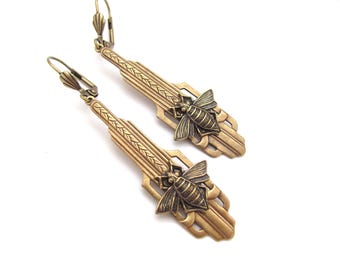 Art Deco Earrings Vintage Bold Bumble Bee Bohemian Antiqued Brass Long Vintage Insect Earrings