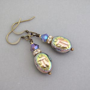Scarab Earrings Vintage Egyptian Revival Vintage Scarab Glass Beads Black Irridescent Art Deco Earrings Vintage Metallic Insect Earrings