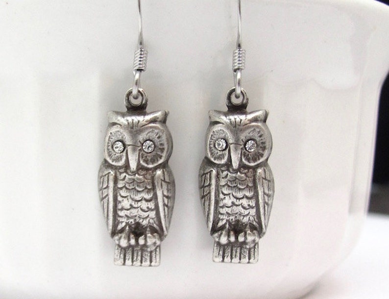 Owl Earrings Rhinestone Antiqued Silver Plated Boho Bird Jewelry Dangle Vintage Design Bird Earrings
