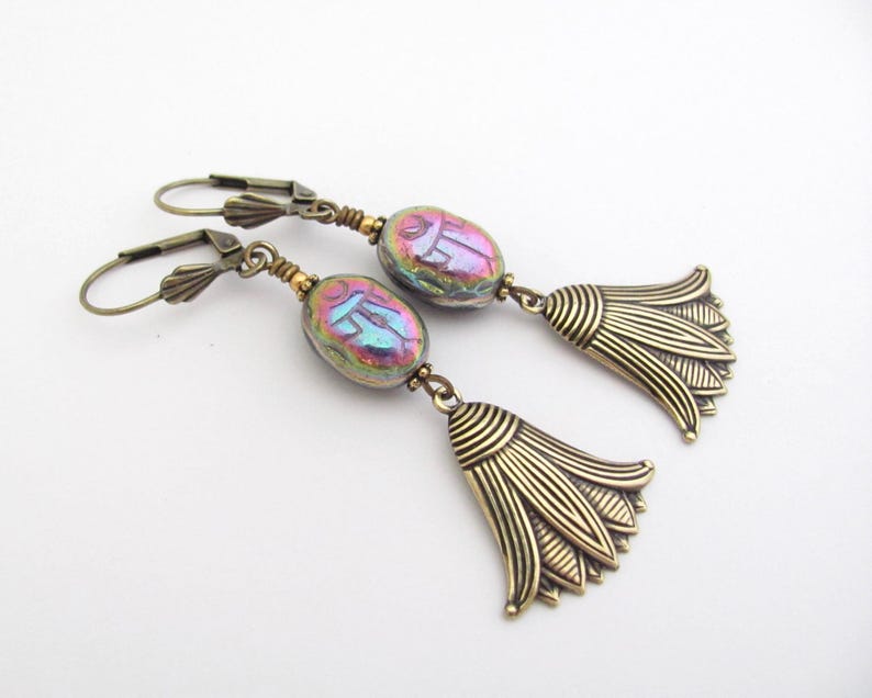 Scarab Earrings Lotus Flower Egyptian Revival Vintage Style Art Deco Earrings Long Victorian Revival Holiday Christmas Gift Earrings 画像 8