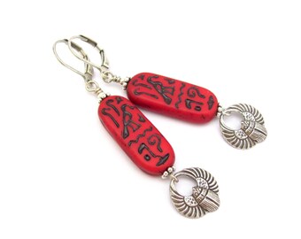 Art Deco Earrings Egyptian Revival Scarab Egypt Hieroglyphs Vintage Red Insect Victorian Cosplay Renaissance Faire Birthday Gift Earrings