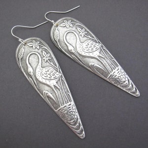 Heron Earrings Antiqued Silver Plate Bird Egyptian Revival Bohemian Earrings