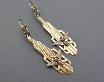 Art Deco Earrings Vintage Bumble Bee Bohemian Antiqued Brass Long Vintage Insect Earrings