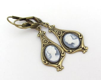 Cameo Earrings Victorian Romancecore Blue Antiqued Brass Ren Faire Jewelry Cottagecore Earrings