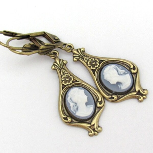 Cameo Earrings Victorian Romancecore Blue Antiqued Brass Ren Faire Jewelry Cottagecore Earrings