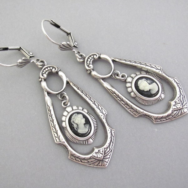 Art Nouveau Earrings Black Cameo Silver Plated Chandelier Earrings