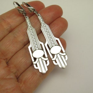 Long Art Deco Earrings Pendant Chandelier Antiqued Silver Plated image 3