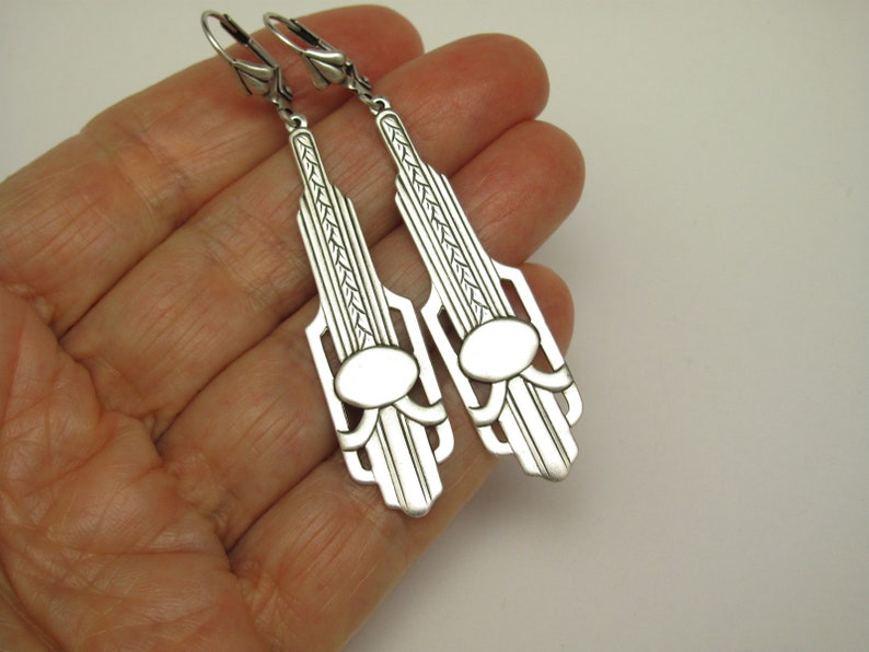 Long Art Deco Earrings Pendant Chandelier Antiqued Silver Plated image 3