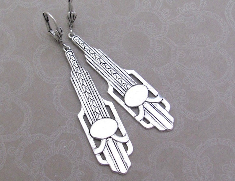 Long Art Deco Earrings Pendant Chandelier Antiqued Silver Plated image 4