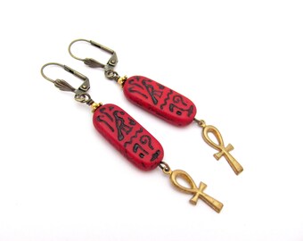 Egyptian Revival Earrings Red Black Cartouche Art Deco Cosplay Ren Faire Hieroglyphs Ankh Edwardian Tudor Renaissance Aesthetic Earrings
