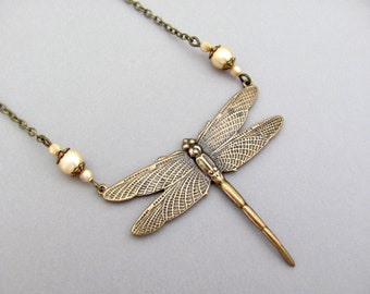 Dragonfly Necklace Art Deco Style Crystal Pearl Antiqued Brass Chain Art Nouveau Cosplay Victorian Revival Insect Ren Faire Necklace