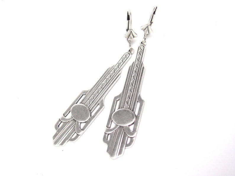 Long Art Deco Earrings Pendant Chandelier Antiqued Silver Plated image 7