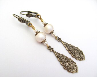 Art Nouveau Earrings Crystal Pearls Embossed Antiqued Brass Art Deco Cosplay Victorian Edwardian Tudor Steampunk Aesthetic GiftEarrings
