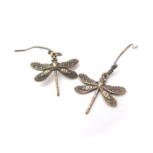 May include: A pair of dangle earrings featuring antique brass-toned dragonfly charms. Each dragonfly has intricate, textured wing patterns and a segmented tail. The earrings are attached to simple, curved metal ear wires for hanging.