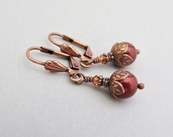 Swarovski Pearl Earrings Antiqued Copper Wedding Birthday Anniversary Gift Vintage Design Jewelry Earrings