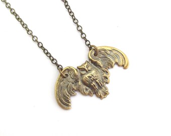 Nouveau Owl Necklace Pendant Oxidized Brass Chain Birthday Anniversary Vintage Art Deco Gift