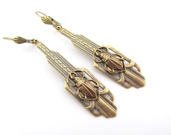 Art Deco Earrings Vintage Scarab Beetle Bohemian Antiqued Brass Long Vintage Insect Earrings