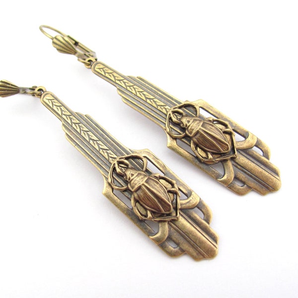 Art Deco Earrings Vintage Scarab Beetle Bohemian Antiqued Brass Long Vintage Insect Earrings