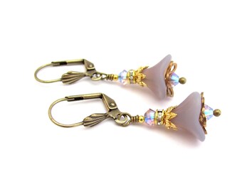 Flower Earrings Vintage Glass Purple Blue Swarovski Crystal Victorian Steampunk Cosplay Edwardian Tudor Bridal Birthday Gift Earrings