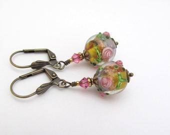 Vintage Glass Earrings Wedding Cake Lampwork Beads Antiqued Brass Victorian Cosplay Ren Faire Romancecore Earrings