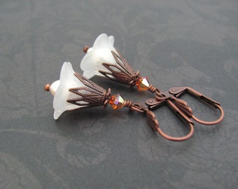 White Flower Earrings Swarovski Pearl Antiqued Copper Woodland Cosplay Fairy Feminine Floral Earrings