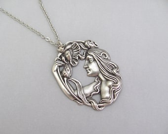Art Nouveau Goddess Necklace Pendant Antiques Silver Plated Brass Rhodium Plt Chain Romantic Floral Vintage Art Deco Style Necklace