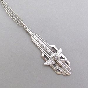 Bee Necklace Art Deco Bumble Bee Bohemian Antiqued Silver Plated Long Vintage Insect Necklace