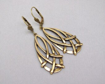 Art Deco Earrings Celtic Teardrop Antiqued Gold Brass Long Dangle Birthday Anniversary Party Prom Gift Ren Faire Earrings