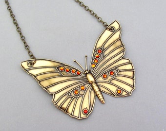 Butterfly Necklace Statement Pendant Crystals Bold Size Oxidized Brass Chain Moth Romancecore Steampunk Birthday Gift for Her Necklace