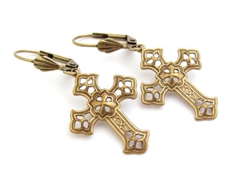 Cross Earrings Antique Gold Brass Filigree Christian Ren Faire Edwardian Tudor Cosplay Earrings