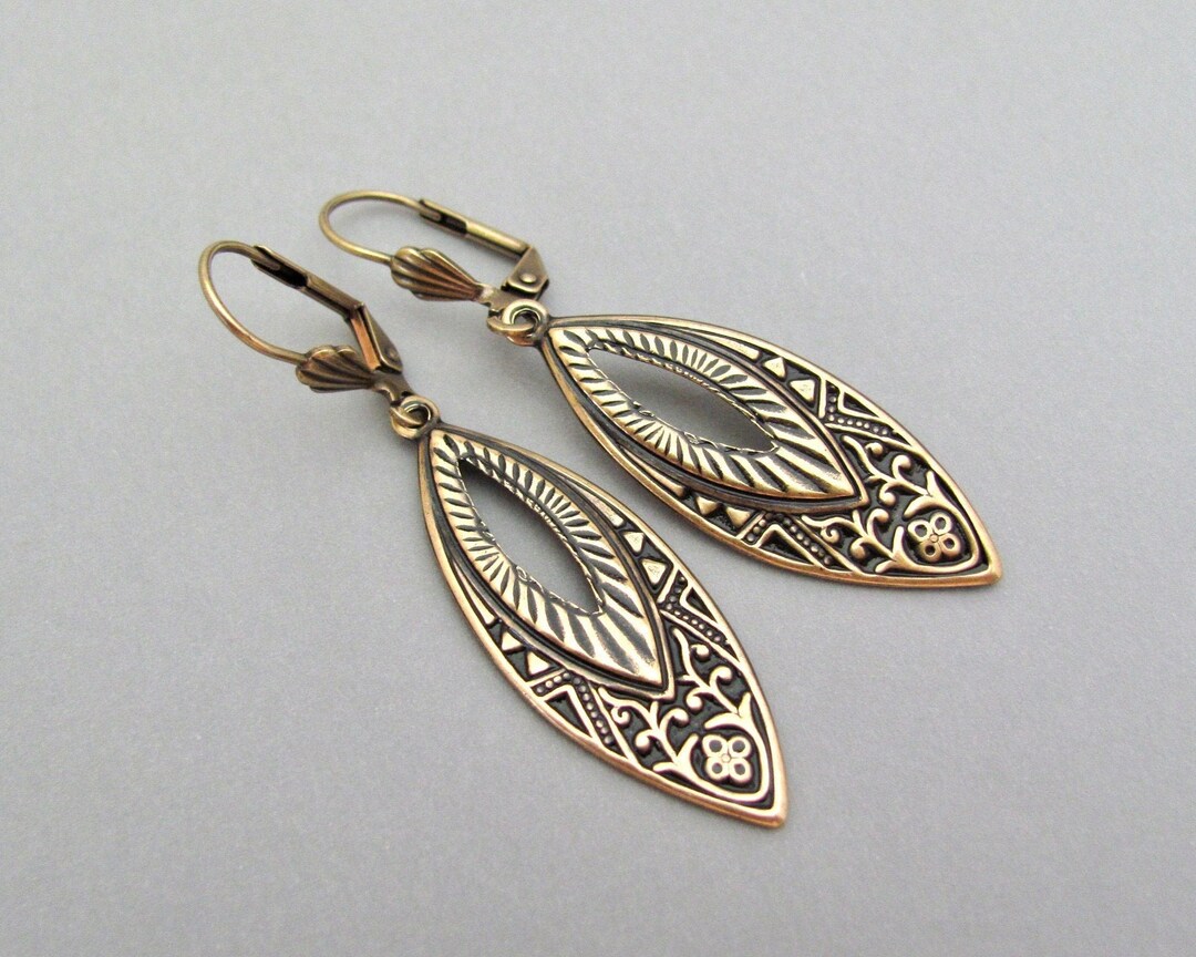 Art Deco Revival Earrings Antiqued Brass Earrings Wedding Jewelry Birthday Gift Art Nouveau Earrings