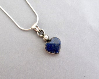 Lapis Lazuli Necklace Pearl Gemstone Sterling Silver Ornate Chain Dark Blue Stone Heart