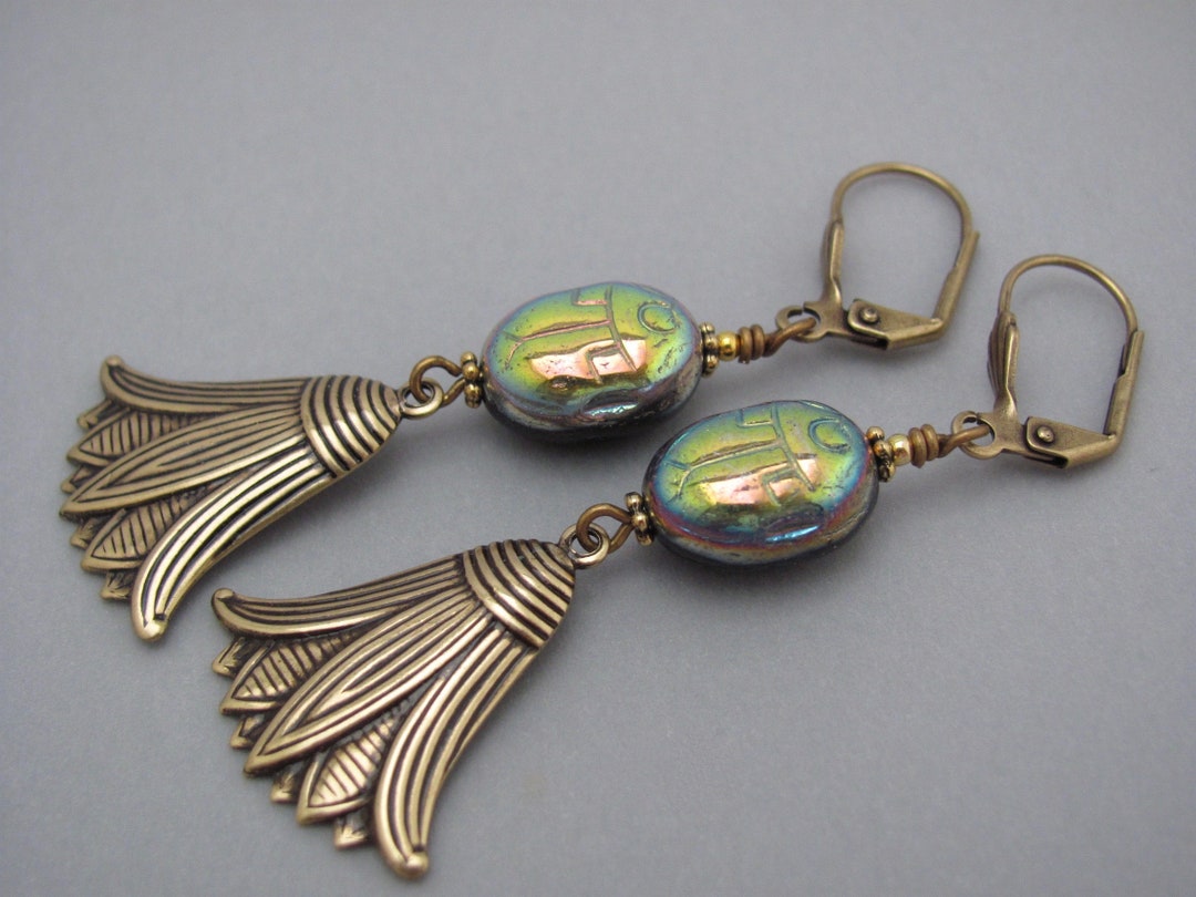 Scarab Earrings Lotus Flower Egyptian Revival Vintage Style Art Deco ...