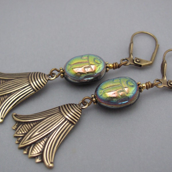 Scarab Earrings Lotus Flower Egyptian Revival Vintage Style Art Deco Earrings Long Victorian Revival Holiday Christmas Gift Earrings