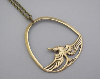 Art Deco Bird Necklace Egyptian Revival Pendant Oxidized Brass Chain Nouveau Necklace