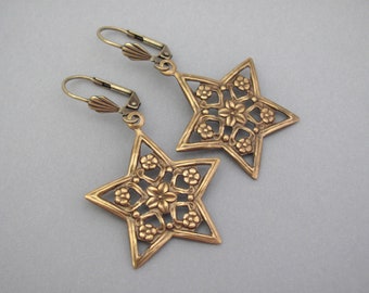 Star Earrings Art Deco Design Flower Antiqued Brass Handmade USA Earrings