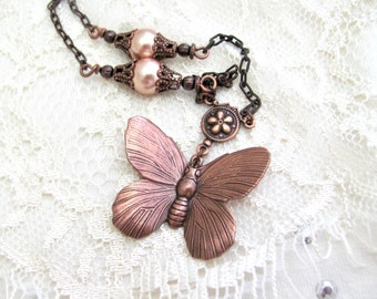 Butterfly Copper Necklace Crystal Pearl Antiqued Copper Chain Victorian Cosplay Renaissance Faire Moth Art Deco Nouveau Necklace