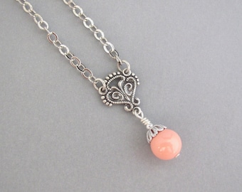Coral Necklace Beaded Charm Swarovski Crystal Pearl Silver Plated Holiday Gift Necklace