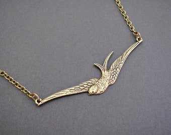 Art Nouveau Bird Necklace Sparrow Bar Pendant Oxidized Brass Chain Birthday Anniversary Vintage Art Deco Necklace