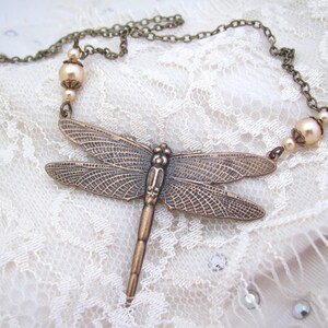 Dragonfly Necklace Art Deco Style Crystal Pearl Antiqued Brass Chain Cottagecore Cosplay Victorian Revival Insect Ren Faire Necklace