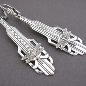 Art Deco Earrings Vintage Dragonfly Bohemian Antiqued Silver Plated Long Vintage Insect Earrings