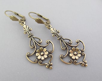 Art Deco Earrings Vintage Flower Fleur De Lis Bohemian Antiqued Brass Long Earrings