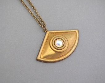 Art Deco Necklace Egyptian Revival Pendant Crystal Antiqued Brass Chain Art Nouveau Necklace