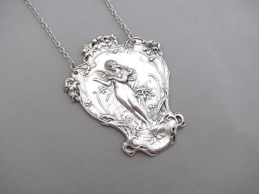 Art Nouveau Goddess Necklace Pendant Antique Silver Chain Birthday ...