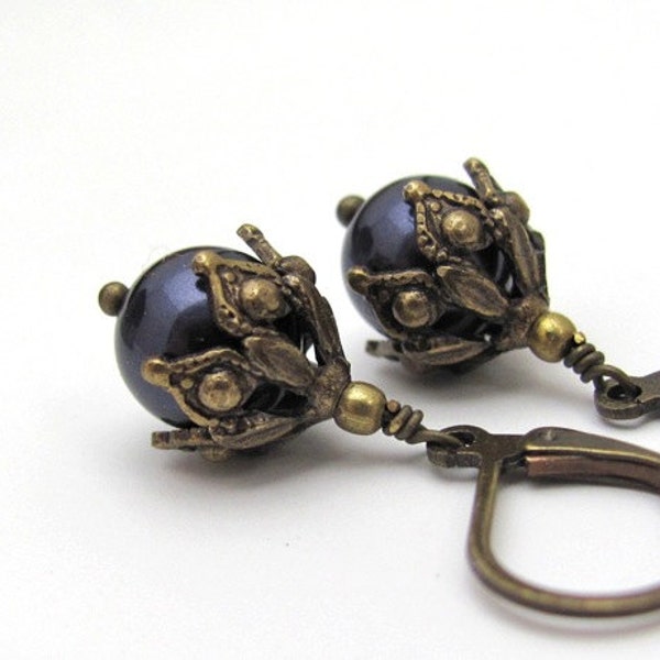 Purple Pearl Earrings, Swarovski Crystal Pearls, Steampunk Bride, Steampunk Wedding, Bridesmaid Gift, Purple Wedding, Purple Bridesmaid Gift